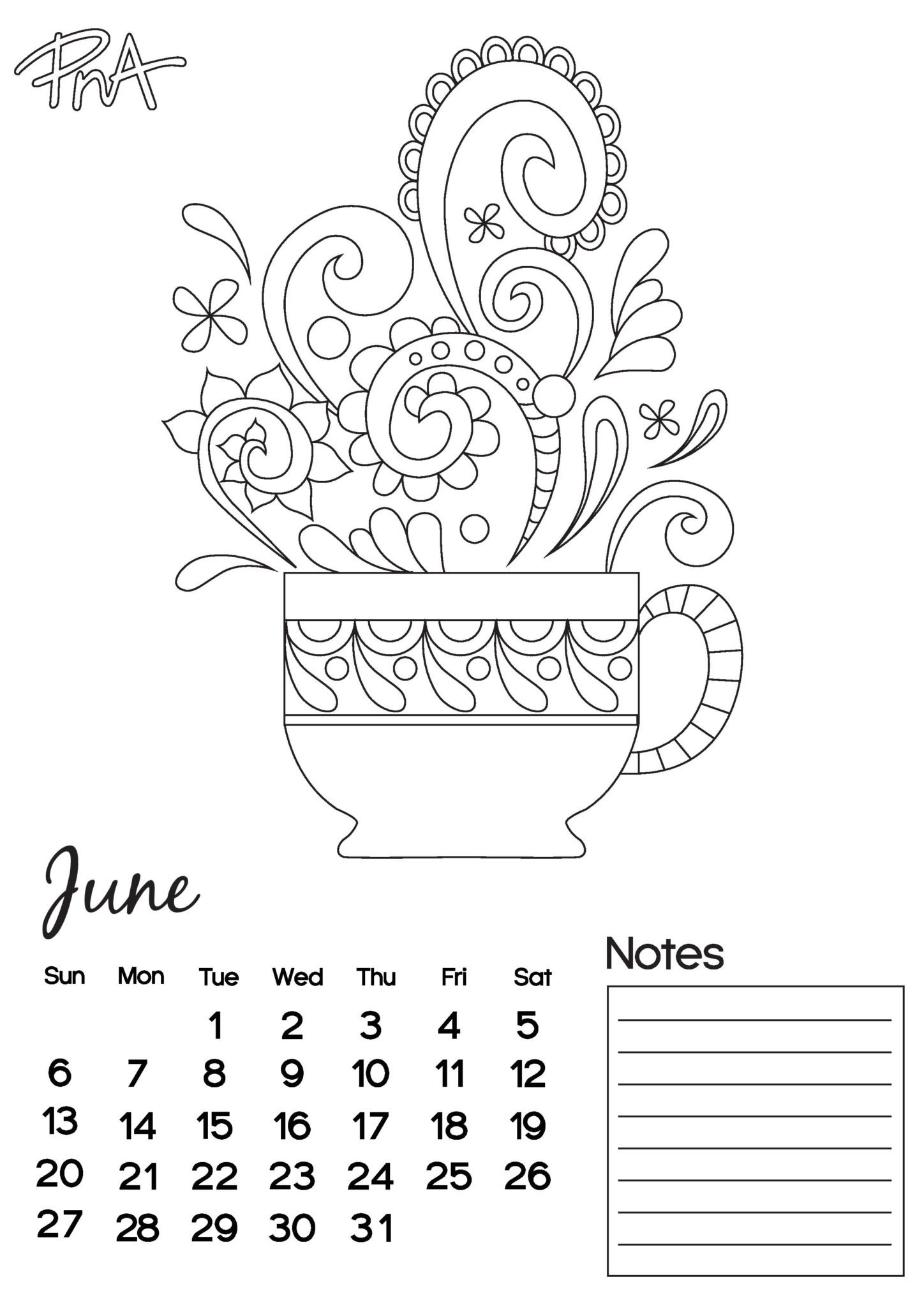 June Free Colouring Calendar PNA Colour Your World