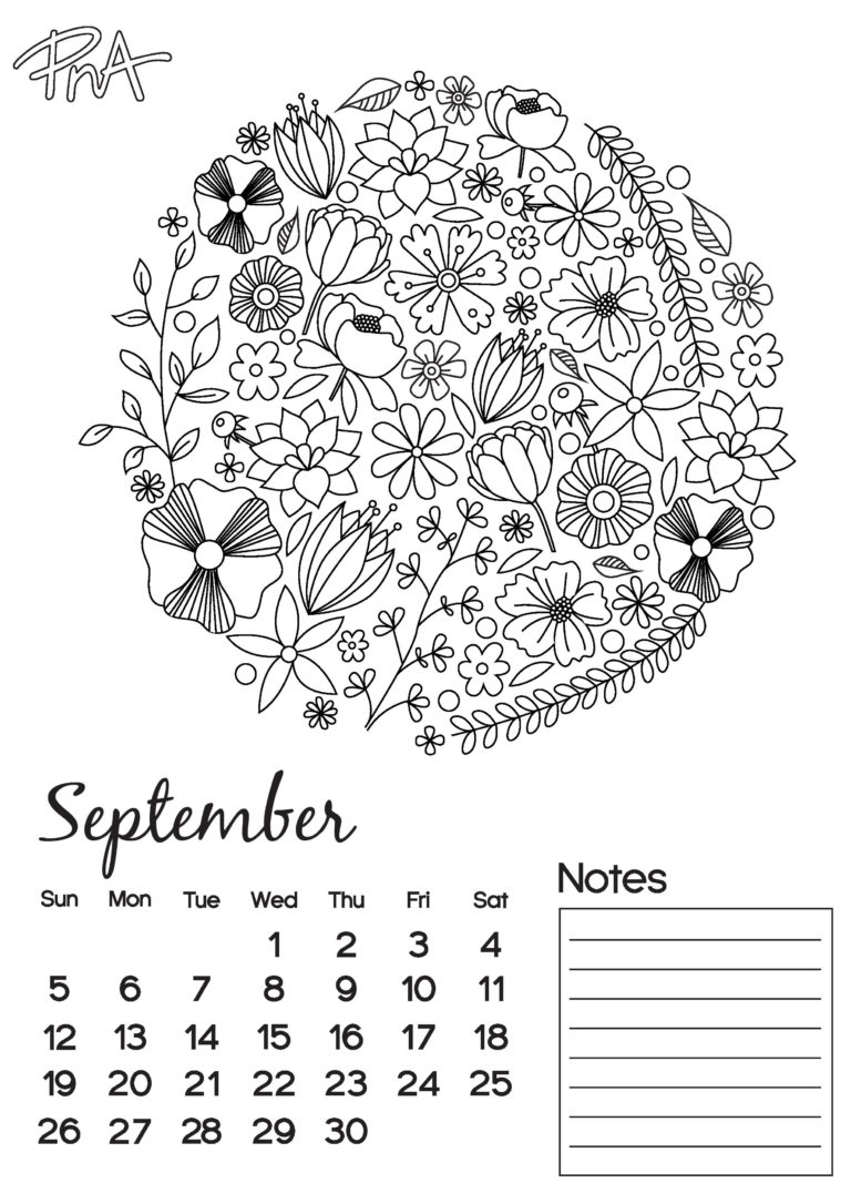 September Free Colouring Calendar - PNA | Colour Your World