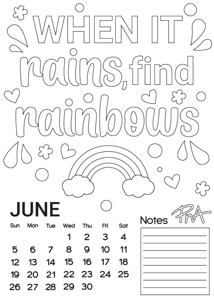 June Free Colouring Calendar PNA Colour Your World